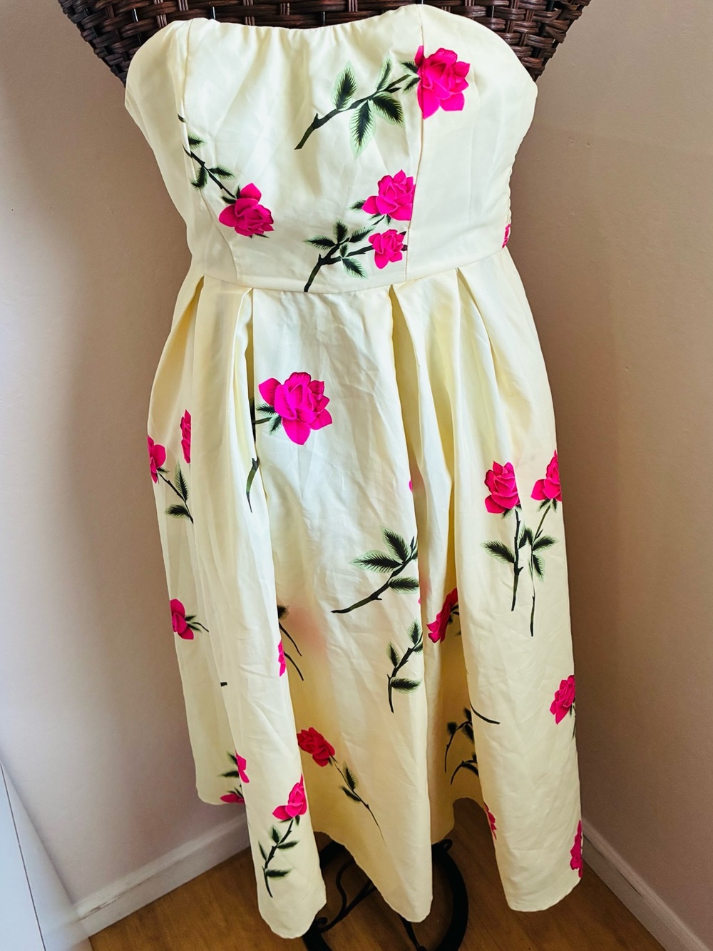 SHEIN Yellow Strapless Floral Sundress with Pink Roses